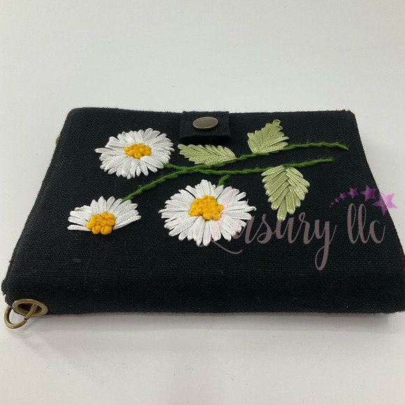 Daisy Embroidery Passport Wallet, Birthday Gift, Versatile Washable, Black - Picture 3 of 13